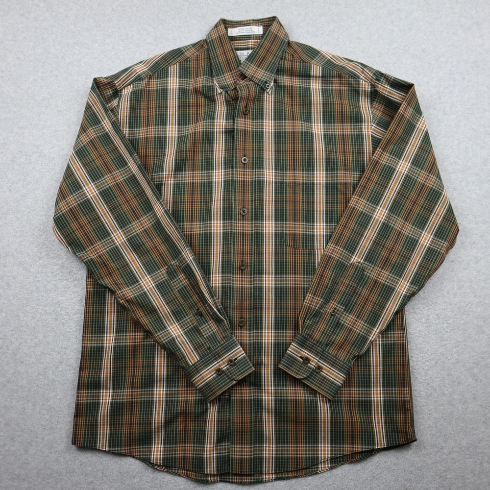 Enro Button Down Shirt Mens M Regular Fit Green Orange Plaid Cotton Non-Iron LS